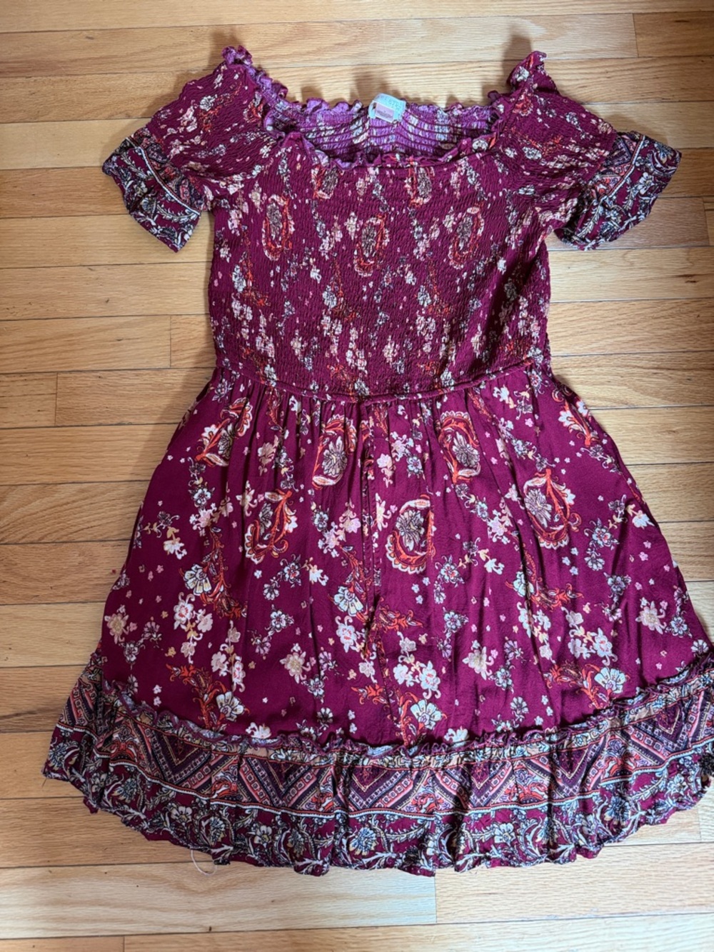 Women’s Burgundy Floral Smocked Bodice Dress